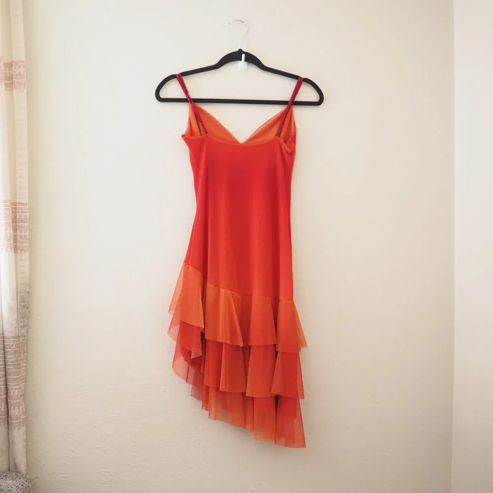 NWT Vintage Ema Savahl Orange Spaghetti Strap Mesh Tiered Ruffle Asymmetrical - Picture 5 of 7